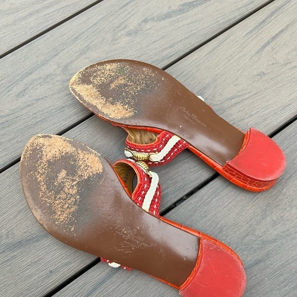 Salvatore Ferragamo red orange T strap rope crock embossed leather sandals 7.5 - Picture 14 of 16